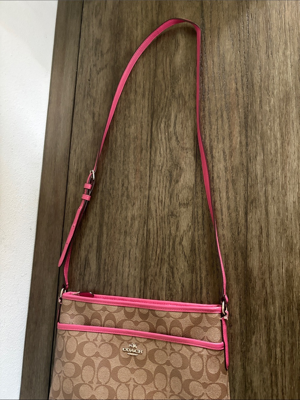 [Coach] Signature File Adjustable Crossbody Coated Canvas Bag Purse Khaki/Pink - Picture 8 of 16